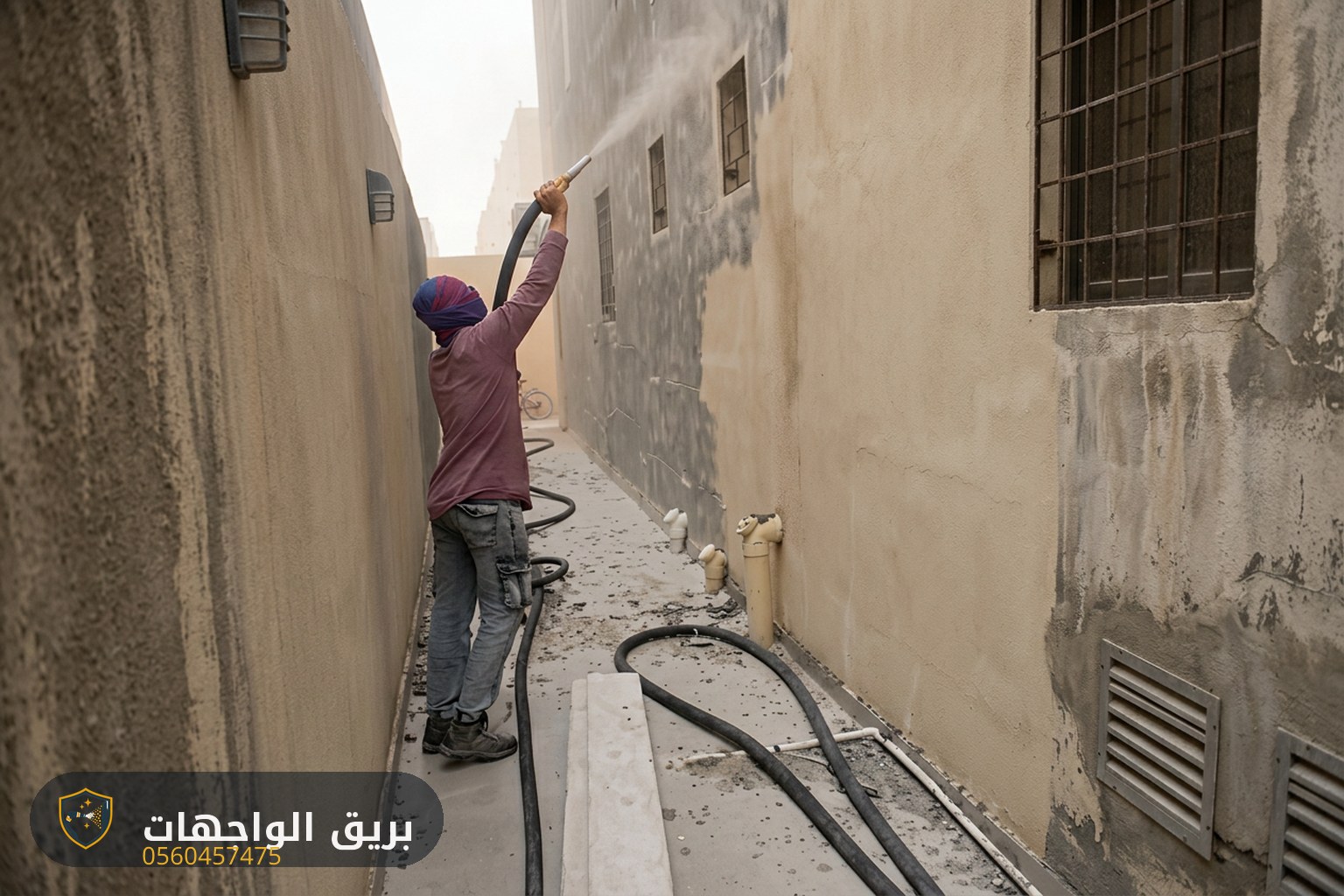 فني يستخدم ماكينة ساند بلاست في إزالة الصبغ بالرمل عن واجهة حجرية بالدمام